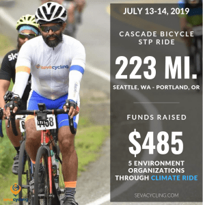 On July 13-14, I rode in Cascade Bicycle's Seattle-to-Portland (STP) Ride, a 200-mile journey between the two cities over two days. Your donations in support of this ride went to my Climate Ride challenge, supporting five non-profits supporting environmental protection and sustainability.